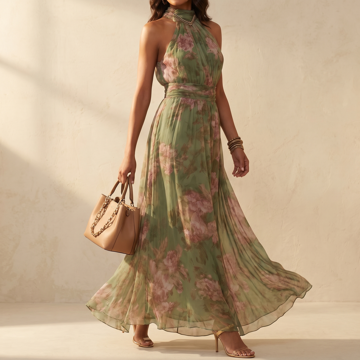 Robe maxi aérée d'été à motif floral vert sauge