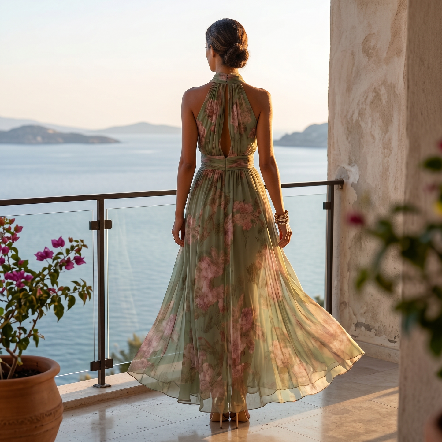 Robe maxi aérée d'été à motif floral vert sauge