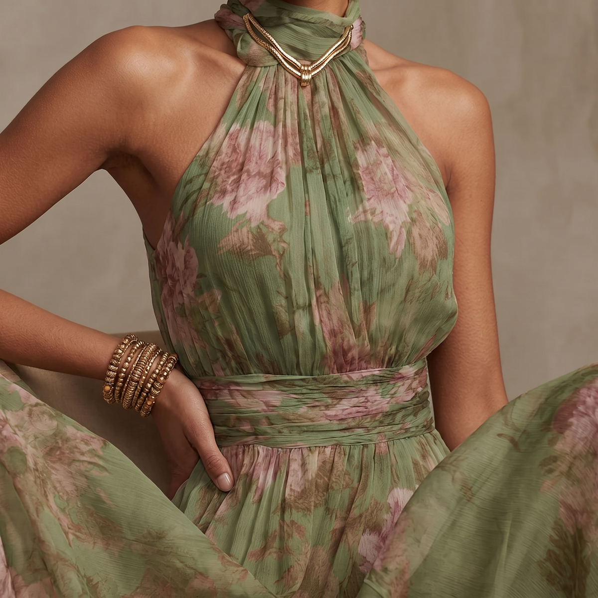 Robe maxi aérée d'été à motif floral vert sauge