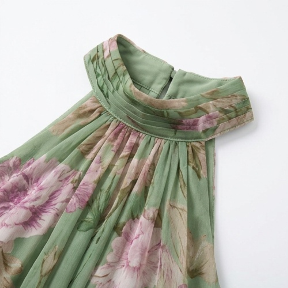 Robe maxi aérée d'été à motif floral vert sauge