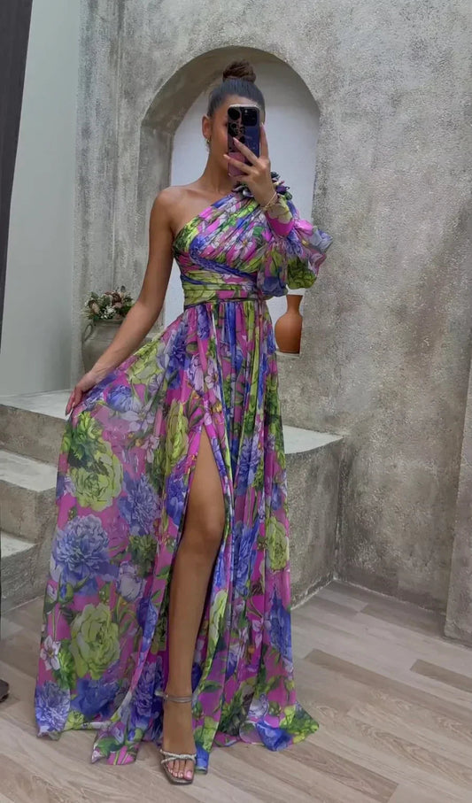 Robe maxi asymétrique à motif floral pour femme