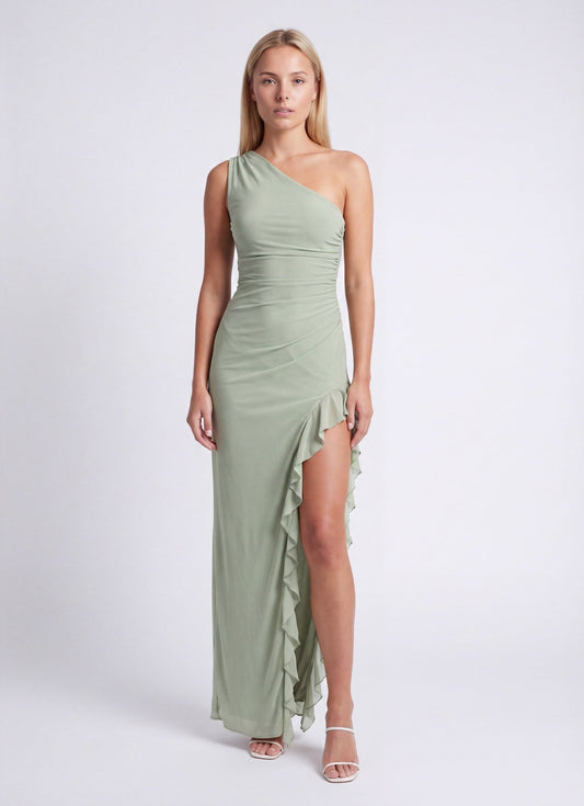 Robe maxi asymétrique une épaule vert sauge avec volants