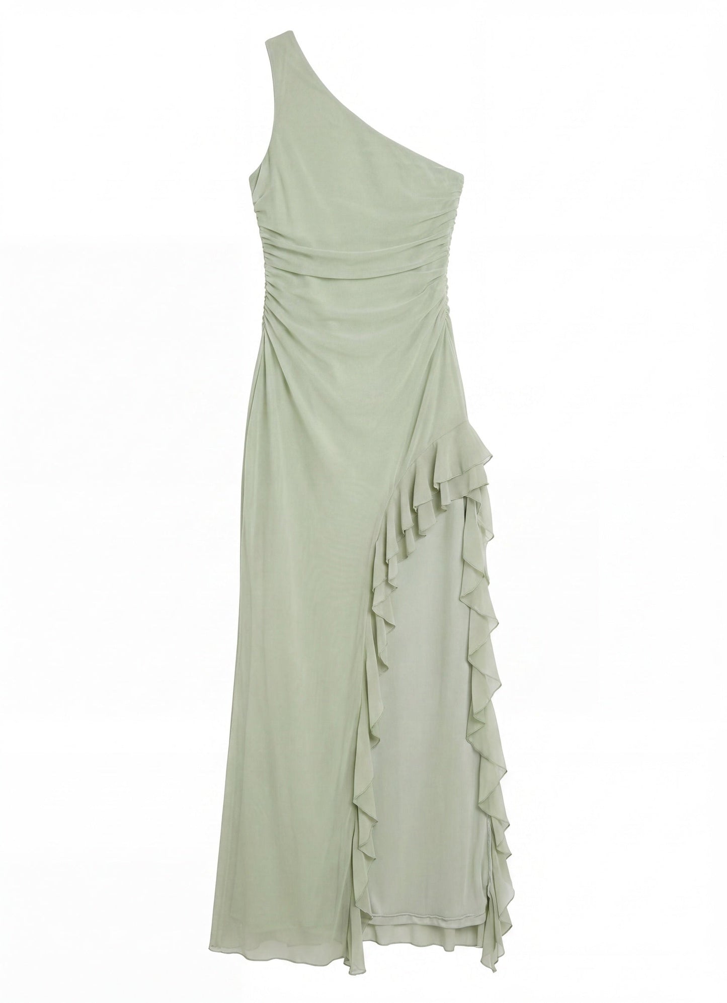 Robe maxi asymétrique une épaule vert sauge avec volants