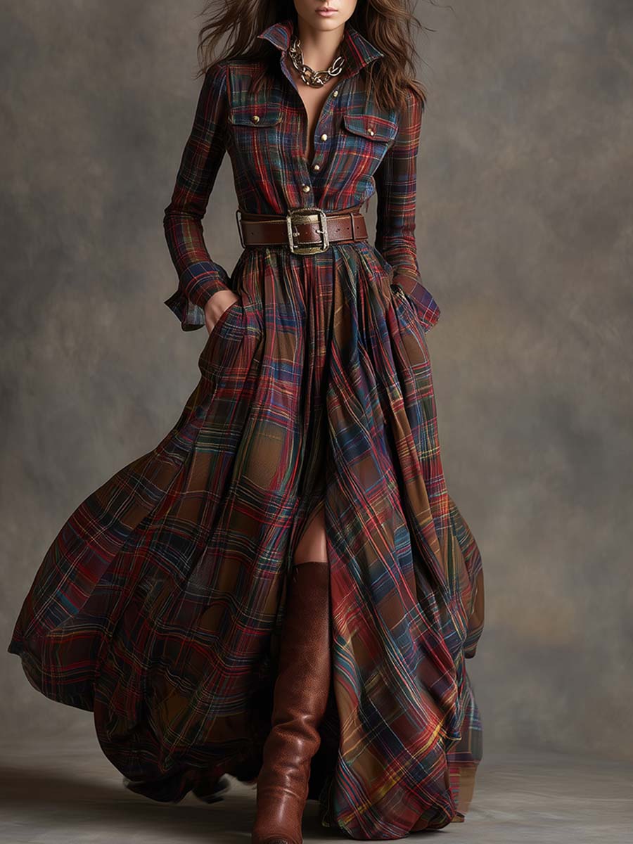 Robe maxi boutonnée à carreaux pour femme