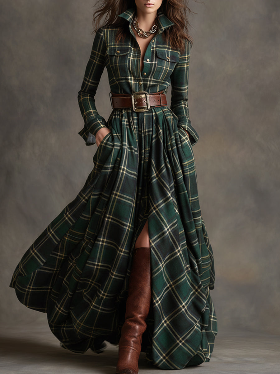 Robe maxi boutonnée à carreaux pour femme
