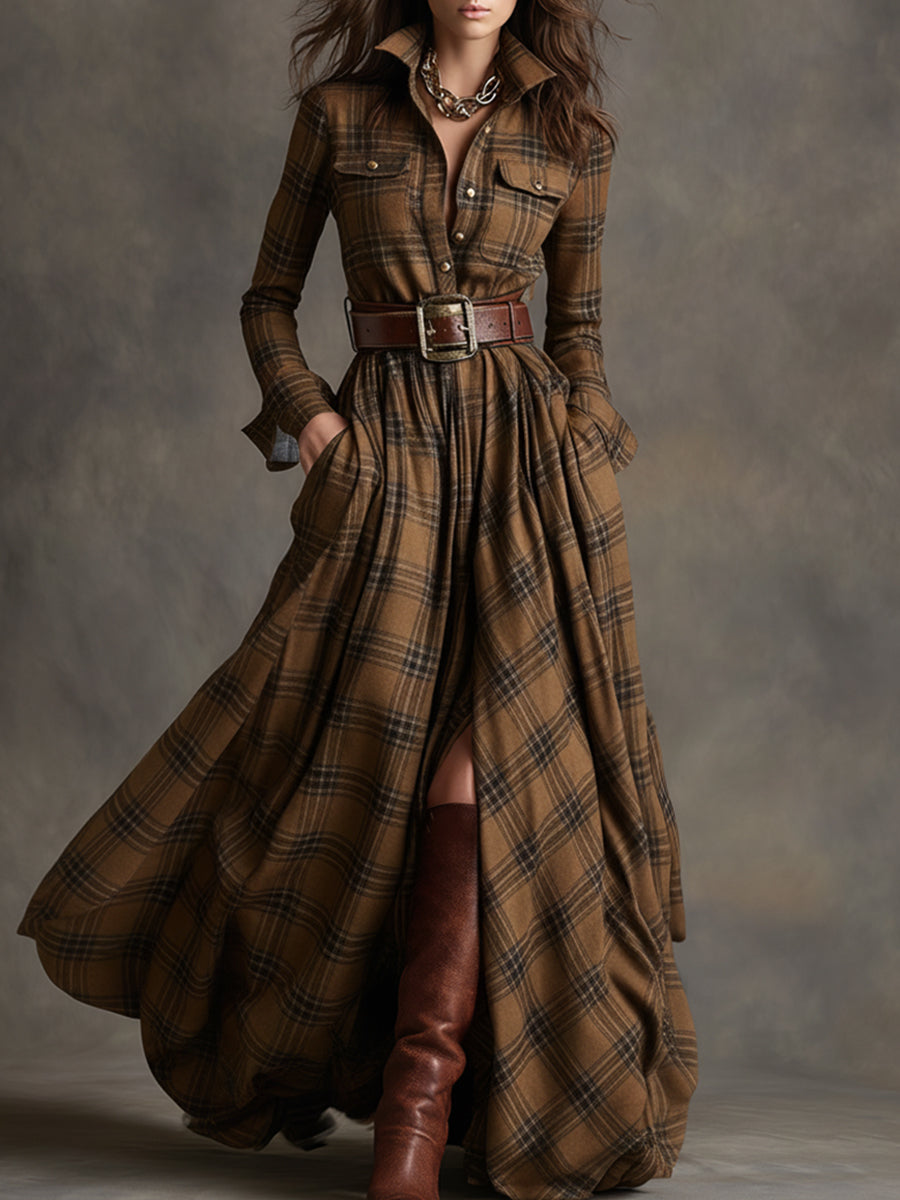 Robe maxi boutonnée à carreaux pour femme