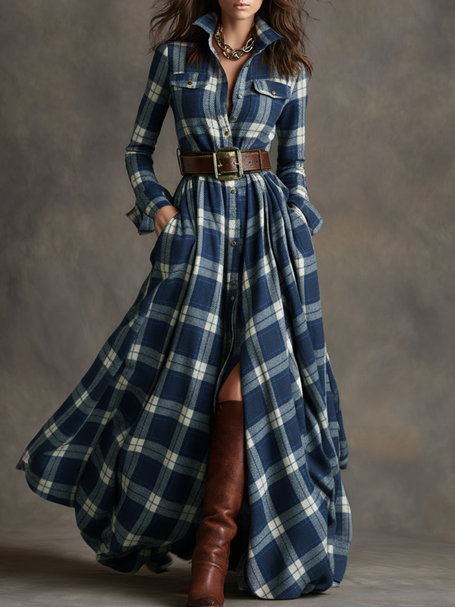 Robe maxi boutonnée à carreaux pour femme