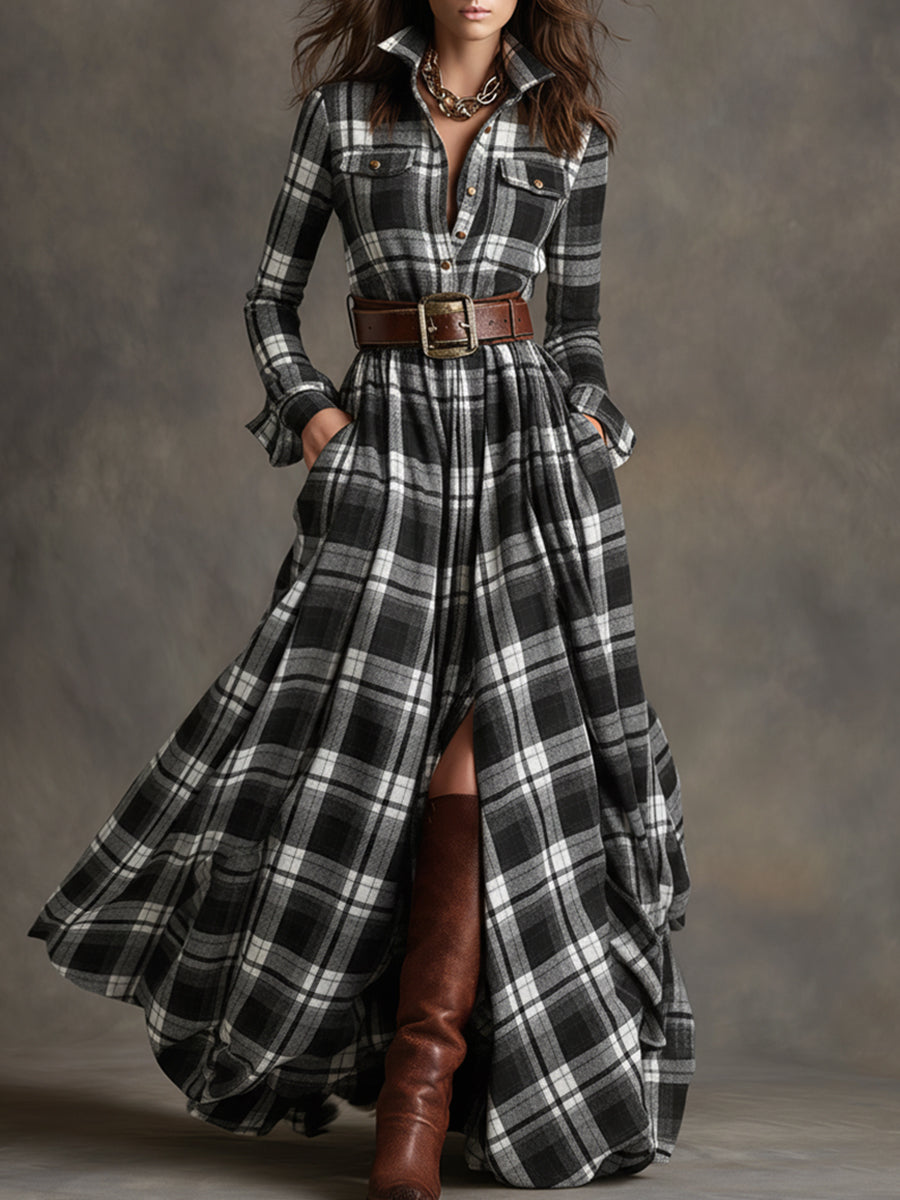 Robe maxi boutonnée à carreaux pour femme