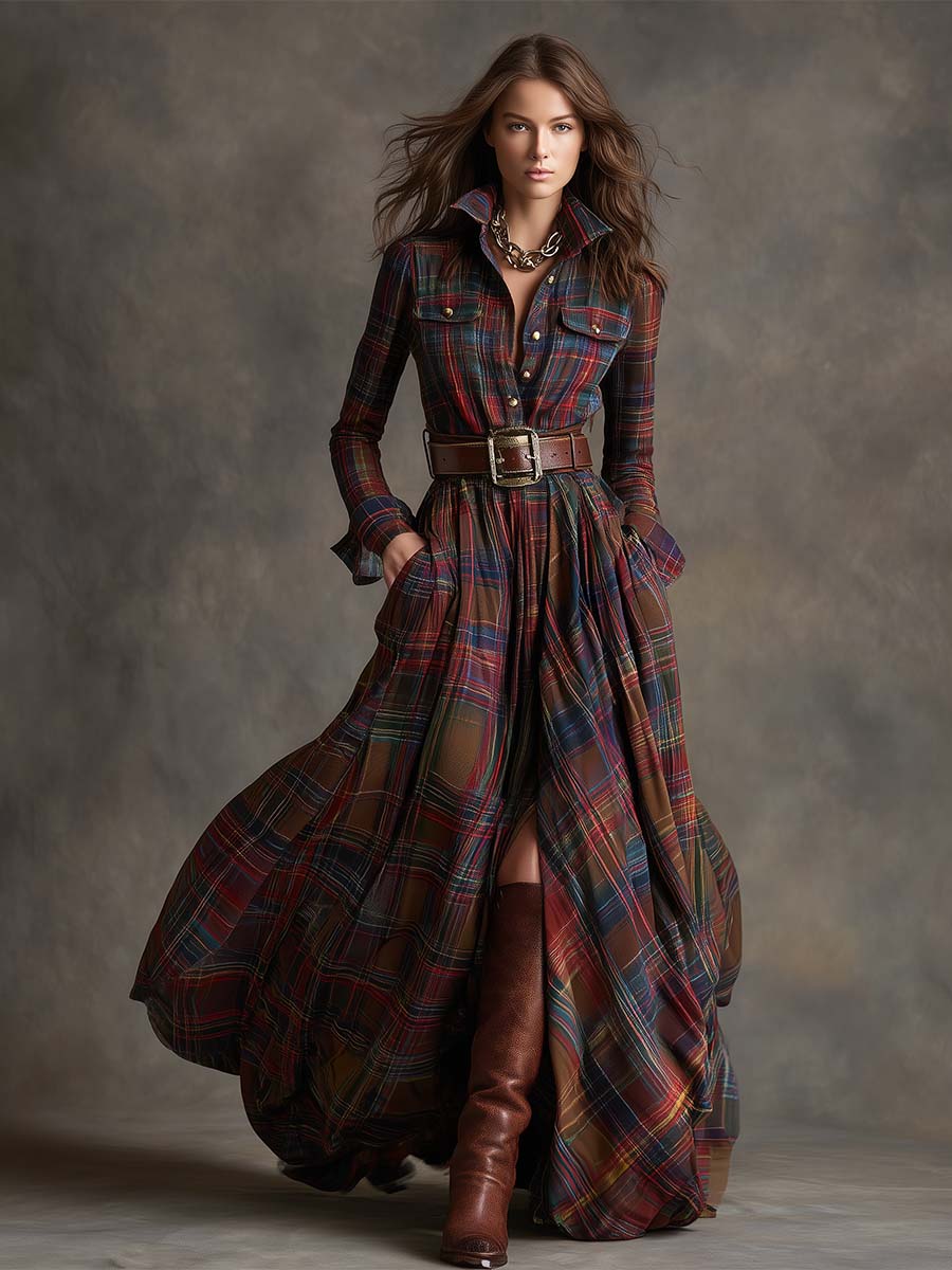 Robe maxi boutonnée à carreaux pour femme