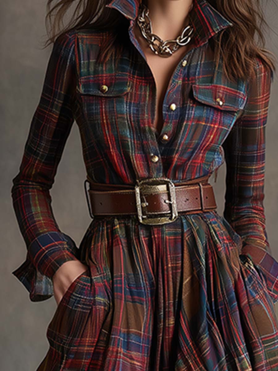 Robe maxi boutonnée à carreaux pour femme