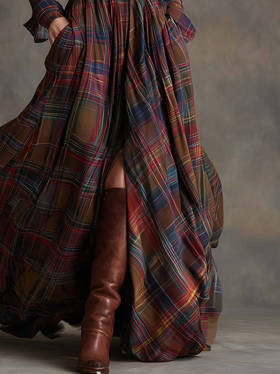 Robe maxi boutonnée à carreaux pour femme