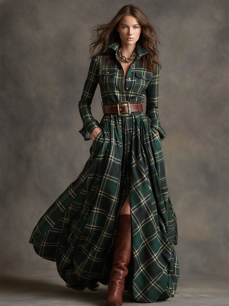 Robe maxi boutonnée à carreaux pour femme