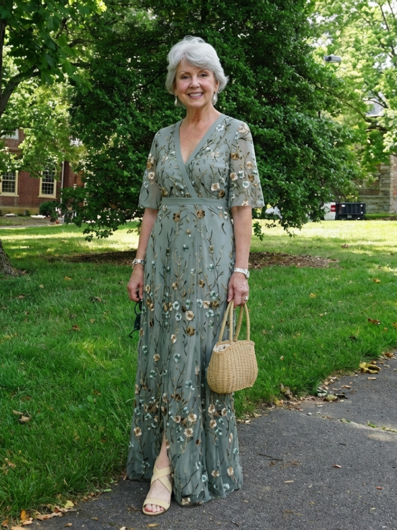 Robe maxi brodée portefeuille pour femme