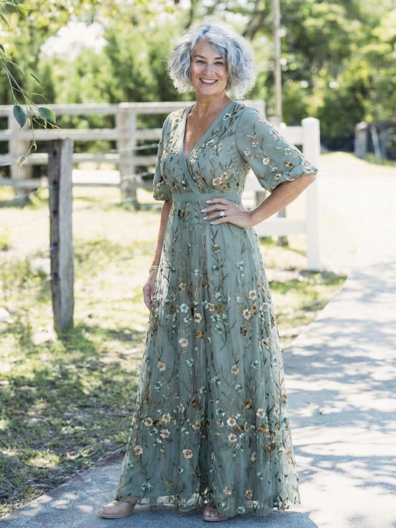 Robe maxi brodée portefeuille pour femme