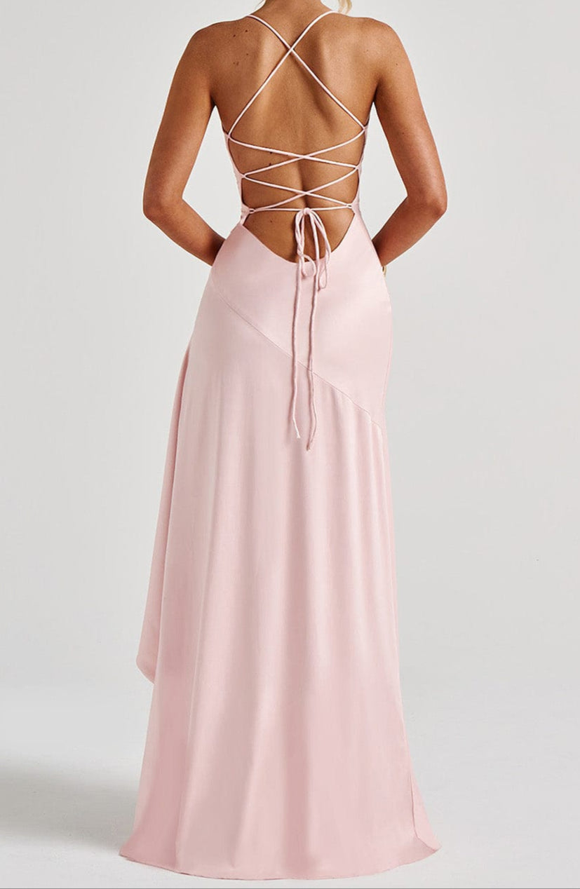 Robe maxi en satin rose pâle pour gala, mariage et occasions formelles