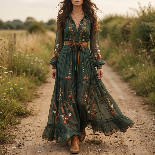 Robe maxi femme à fleurs avec plis et boutonnage