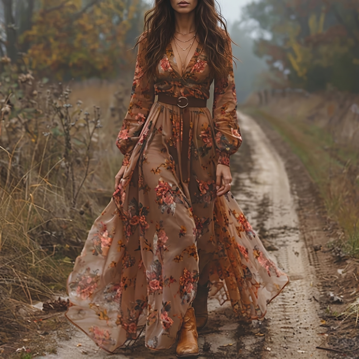 Robe maxi femme à fleurs avec plis et boutonnage