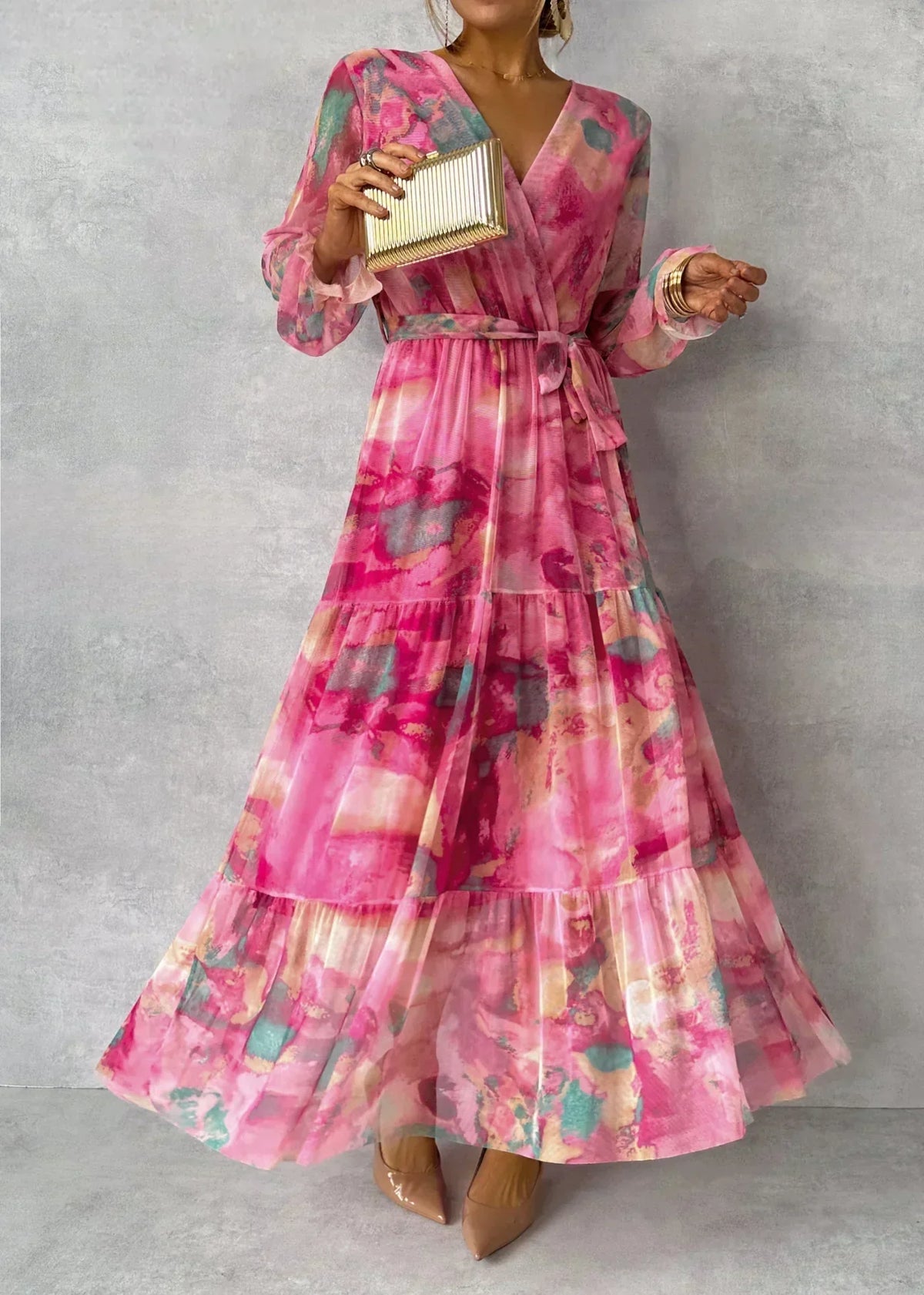 Robe maxi longue élégante portefeuille à manches longues pour fête