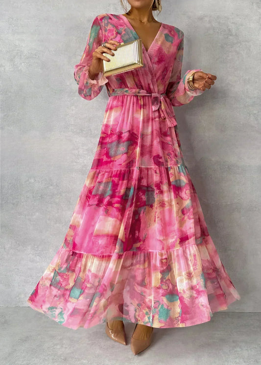Robe maxi longue élégante portefeuille à manches longues pour fête