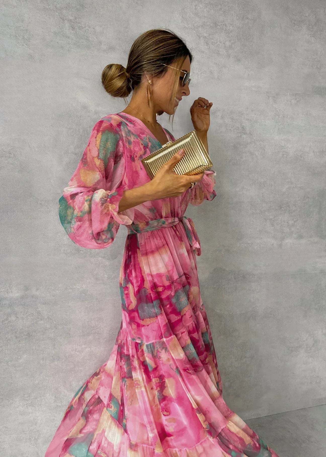 Robe maxi longue élégante portefeuille à manches longues pour fête