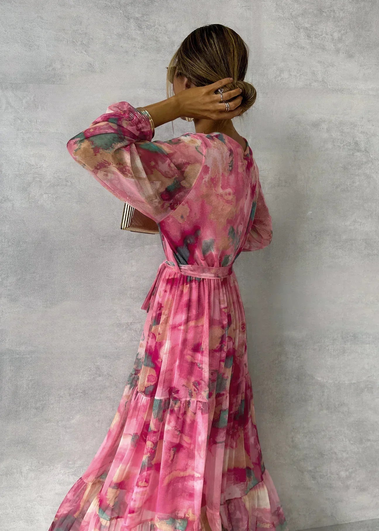 Robe maxi longue élégante portefeuille à manches longues pour fête