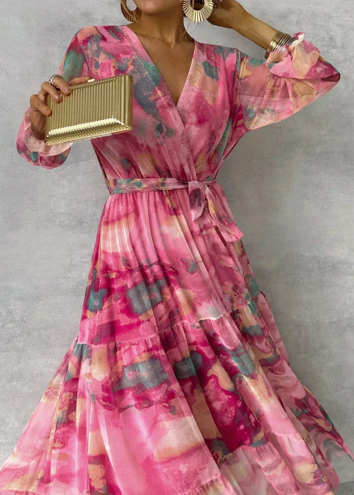 Robe maxi longue élégante portefeuille à manches longues pour fête