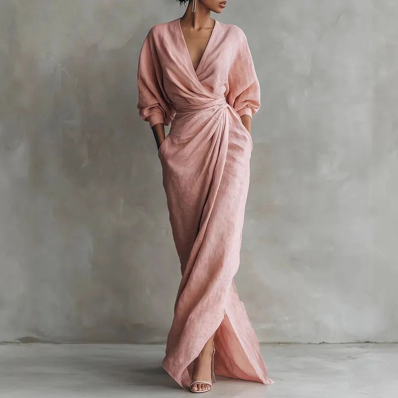 Robe maxi portefeuille à col en V pour femme