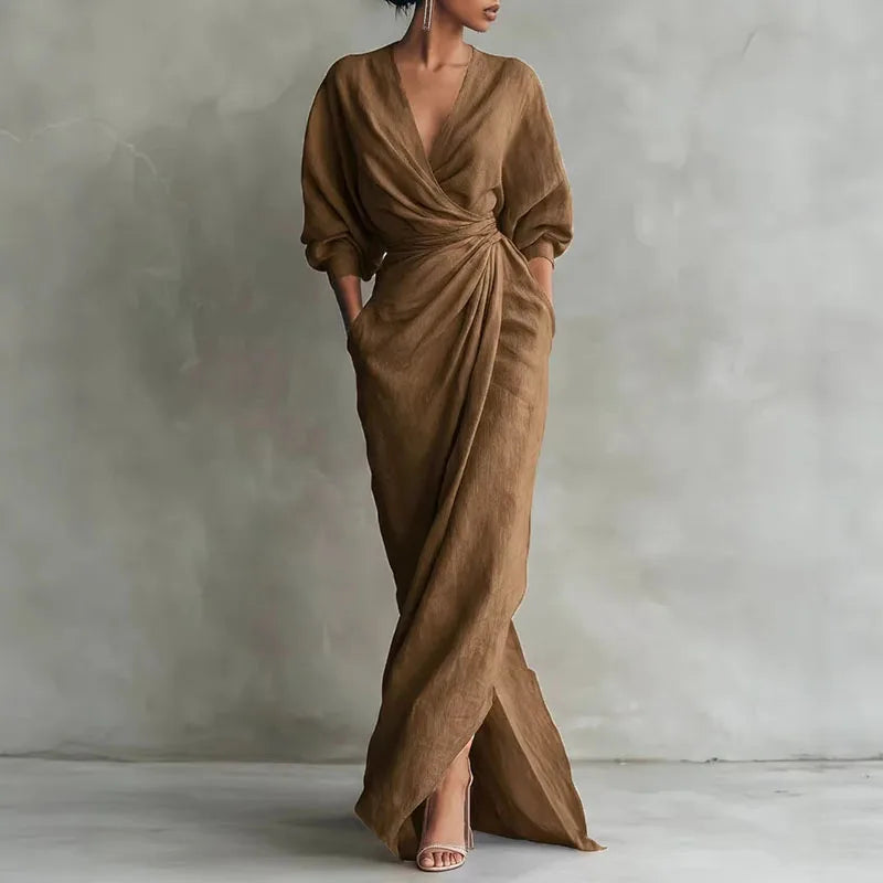 Robe maxi portefeuille à col en V pour femme