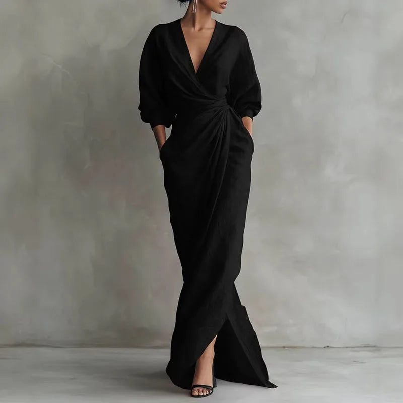 Robe maxi portefeuille à col en V pour femme