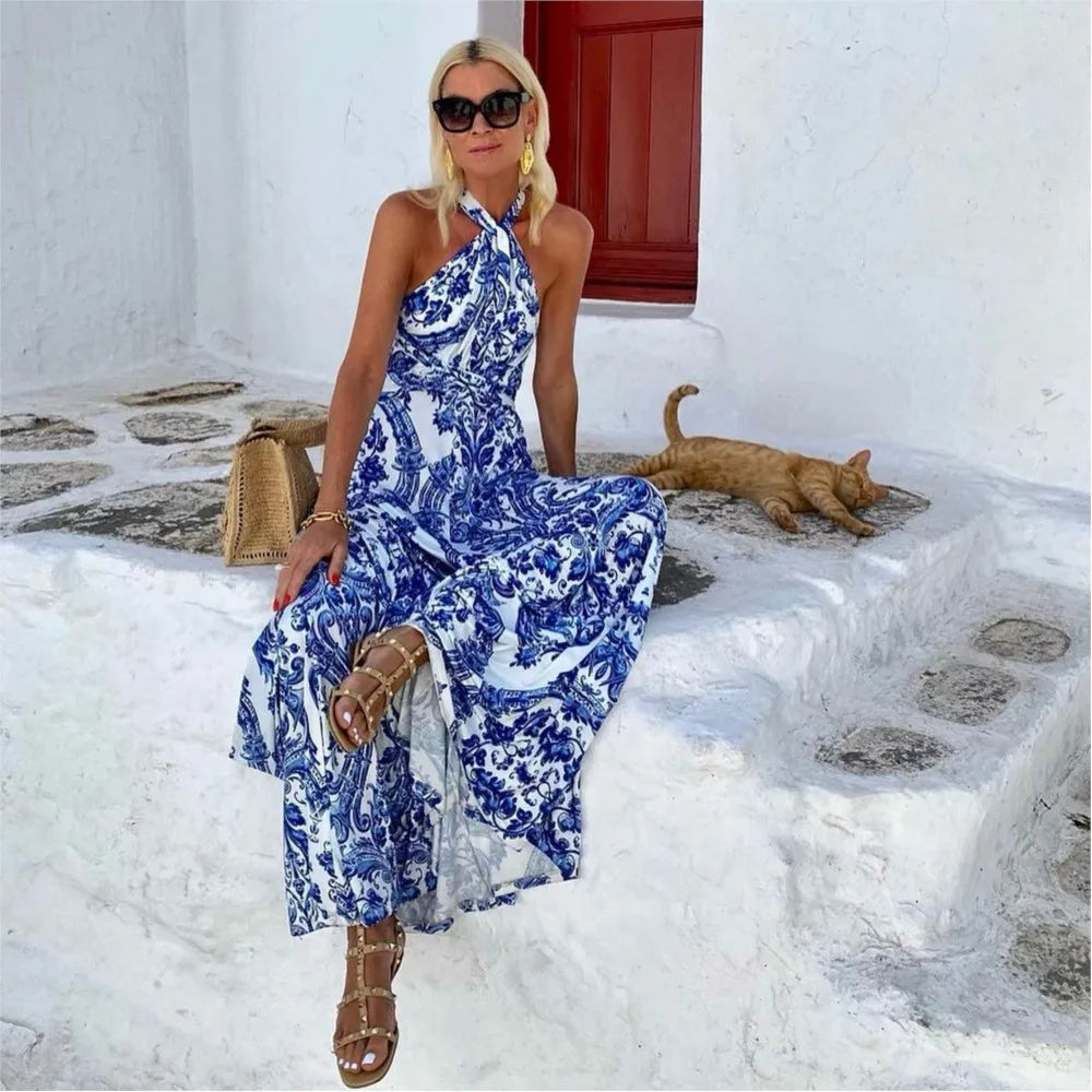 Robe maxi sans manches à encolure halter pour femme