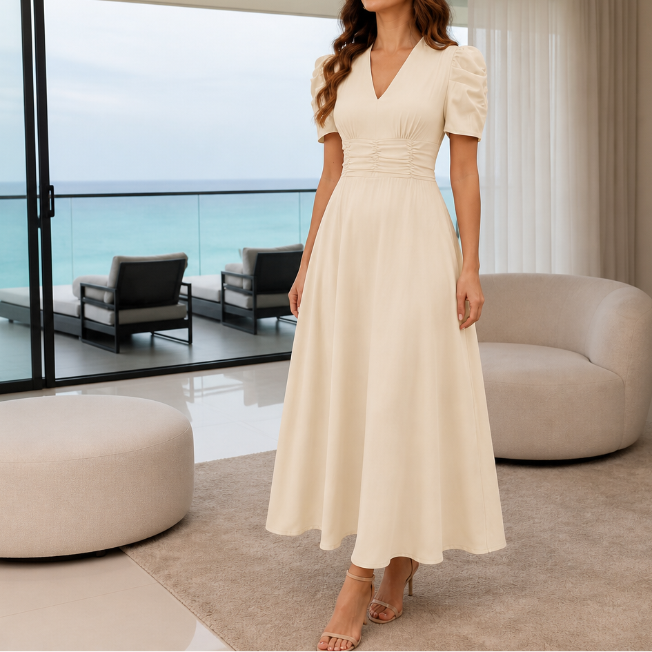 Robe mi-longue à col en V, taille froncée et manches bouffantes