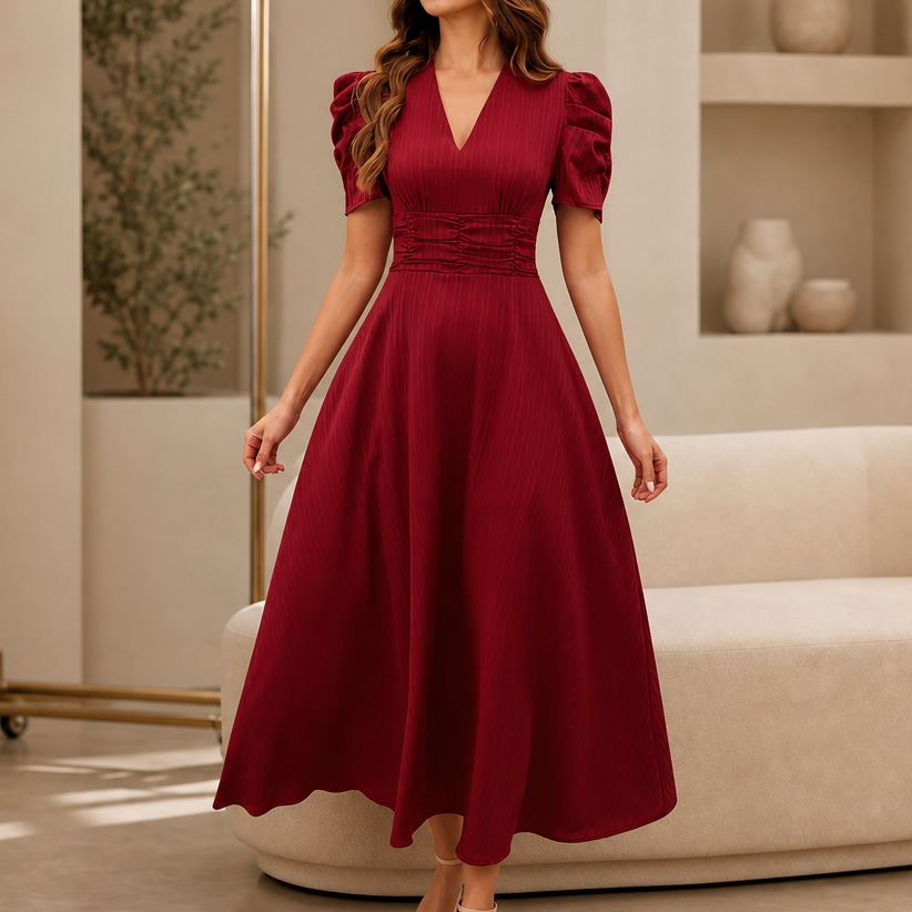 Robe mi-longue à col en V, taille froncée et manches bouffantes