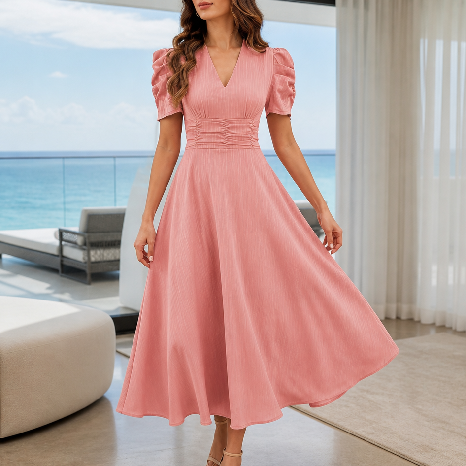 Robe mi-longue à col en V, taille froncée et manches bouffantes