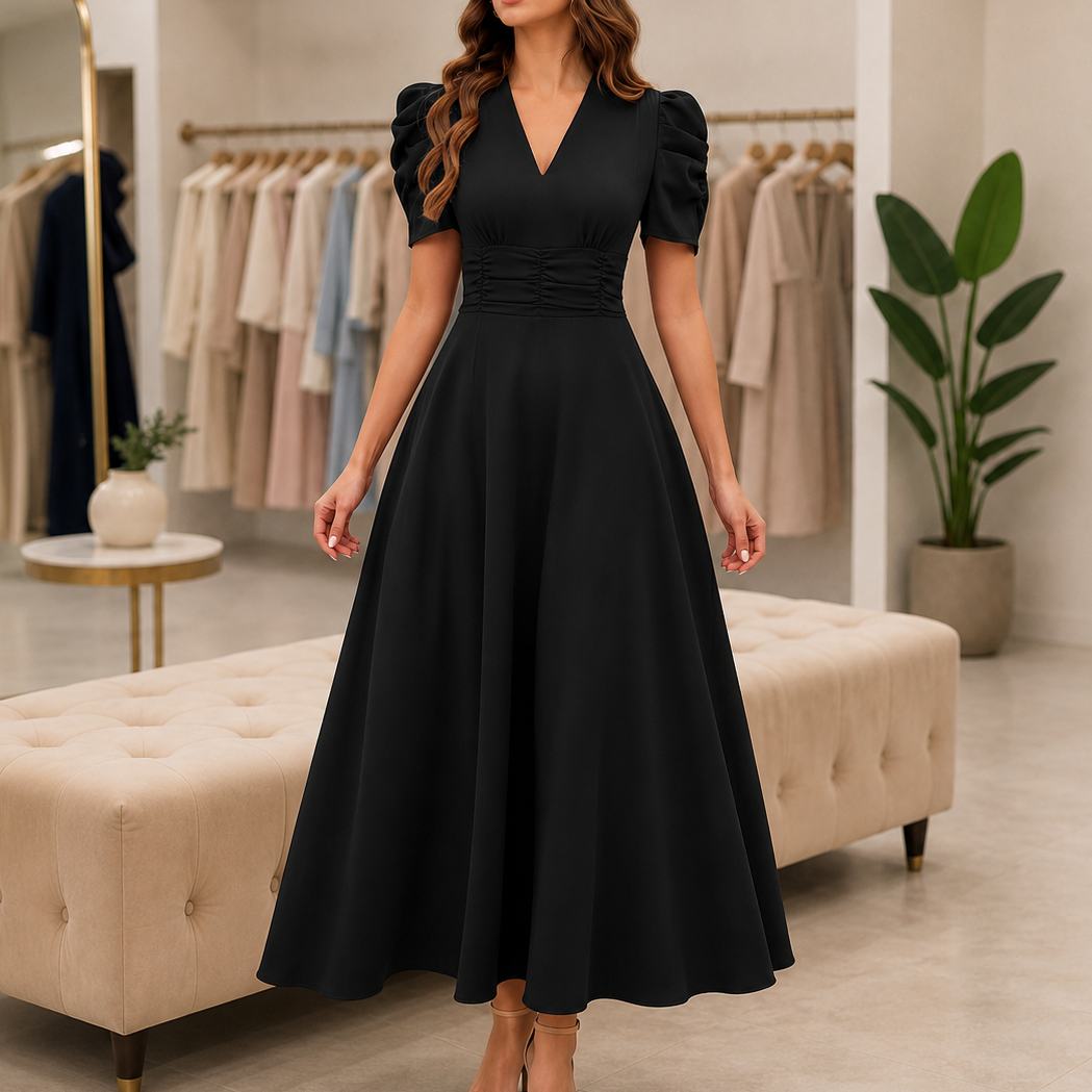 Robe mi-longue à col en V, taille froncée et manches bouffantes