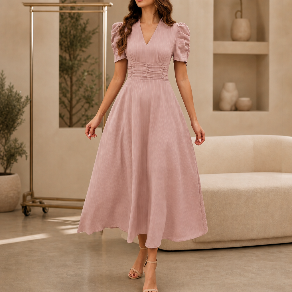 Robe mi-longue à col en V, taille froncée et manches bouffantes