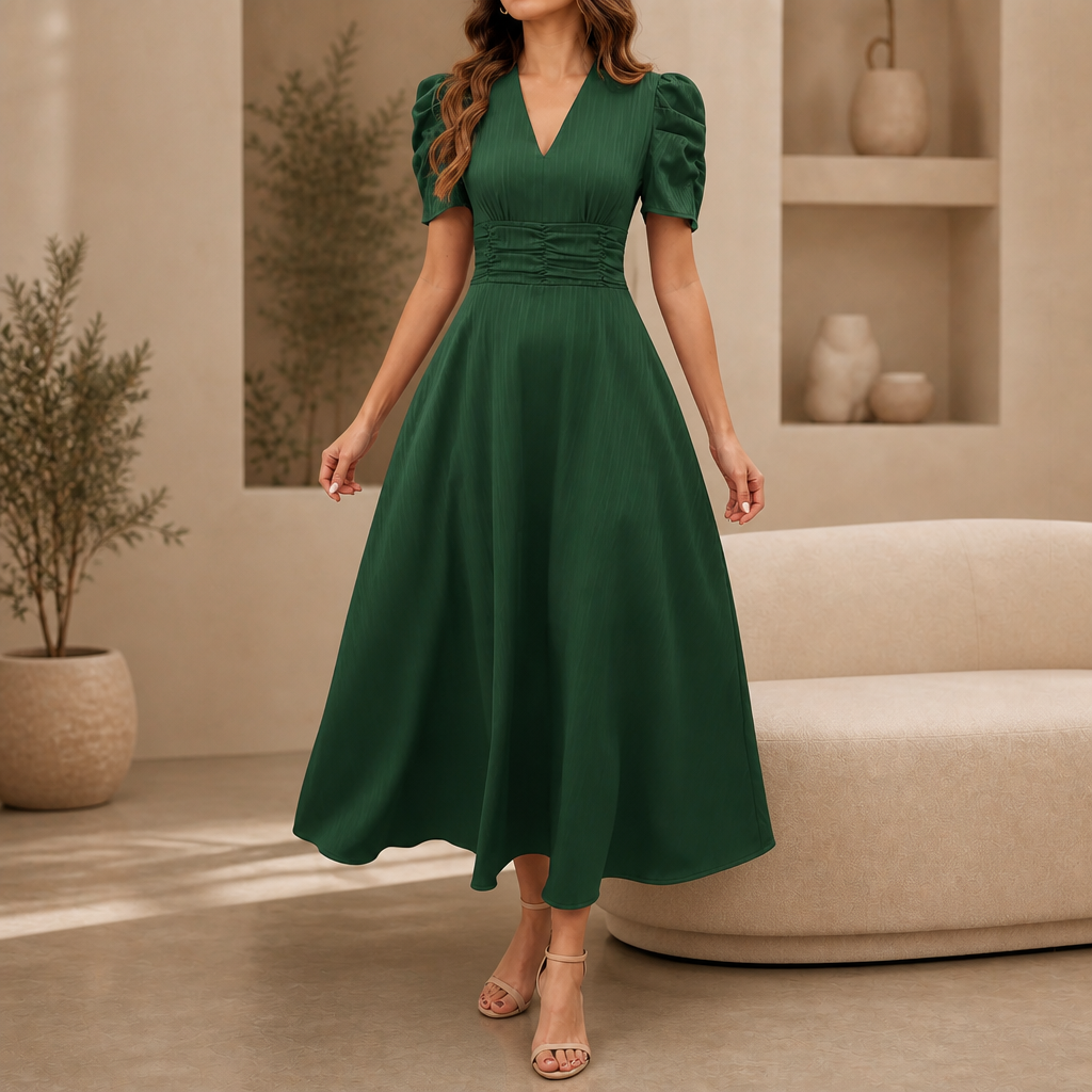 Robe mi-longue à col en V, taille froncée et manches bouffantes
