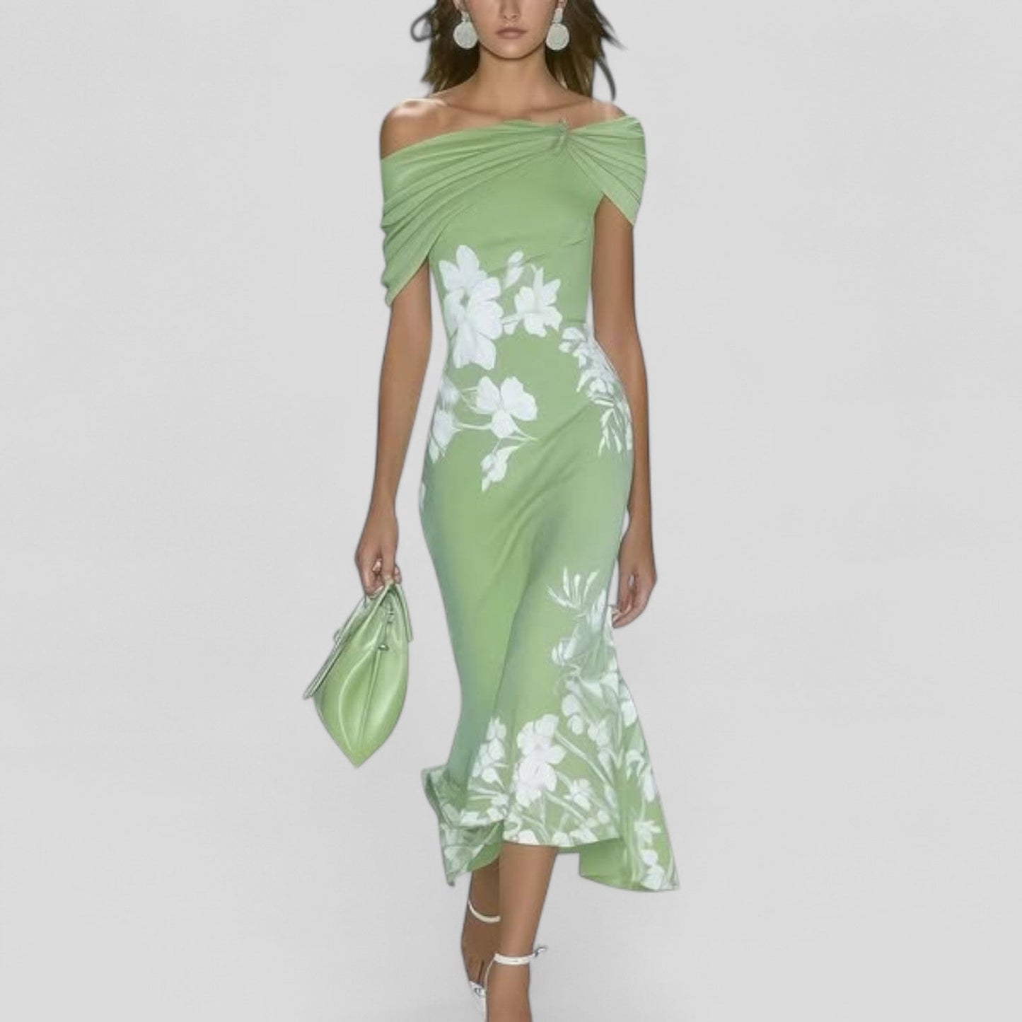 Robe midi à épaules dénudées et motif floral pour femme