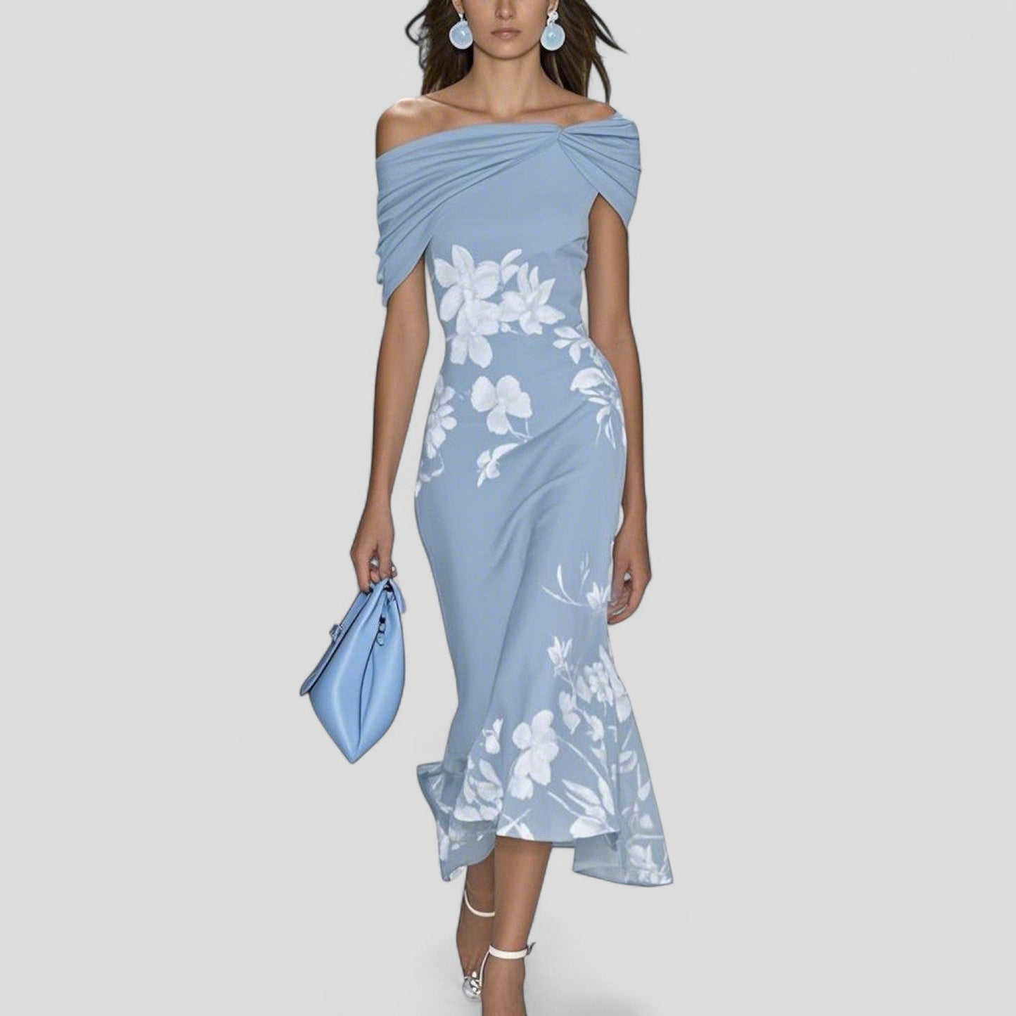 Robe midi à épaules dénudées et motif floral pour femme