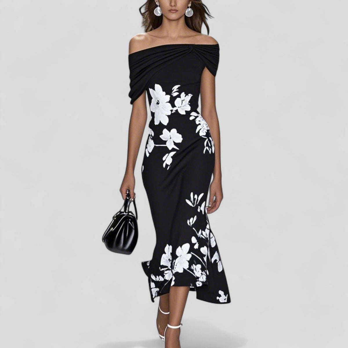 Robe midi à épaules dénudées et motif floral pour femme