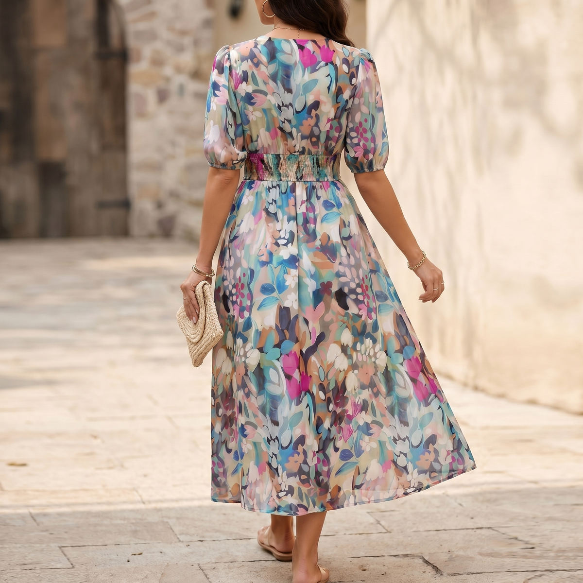 Robe midi à motif floral, légère et confortable pour l'été