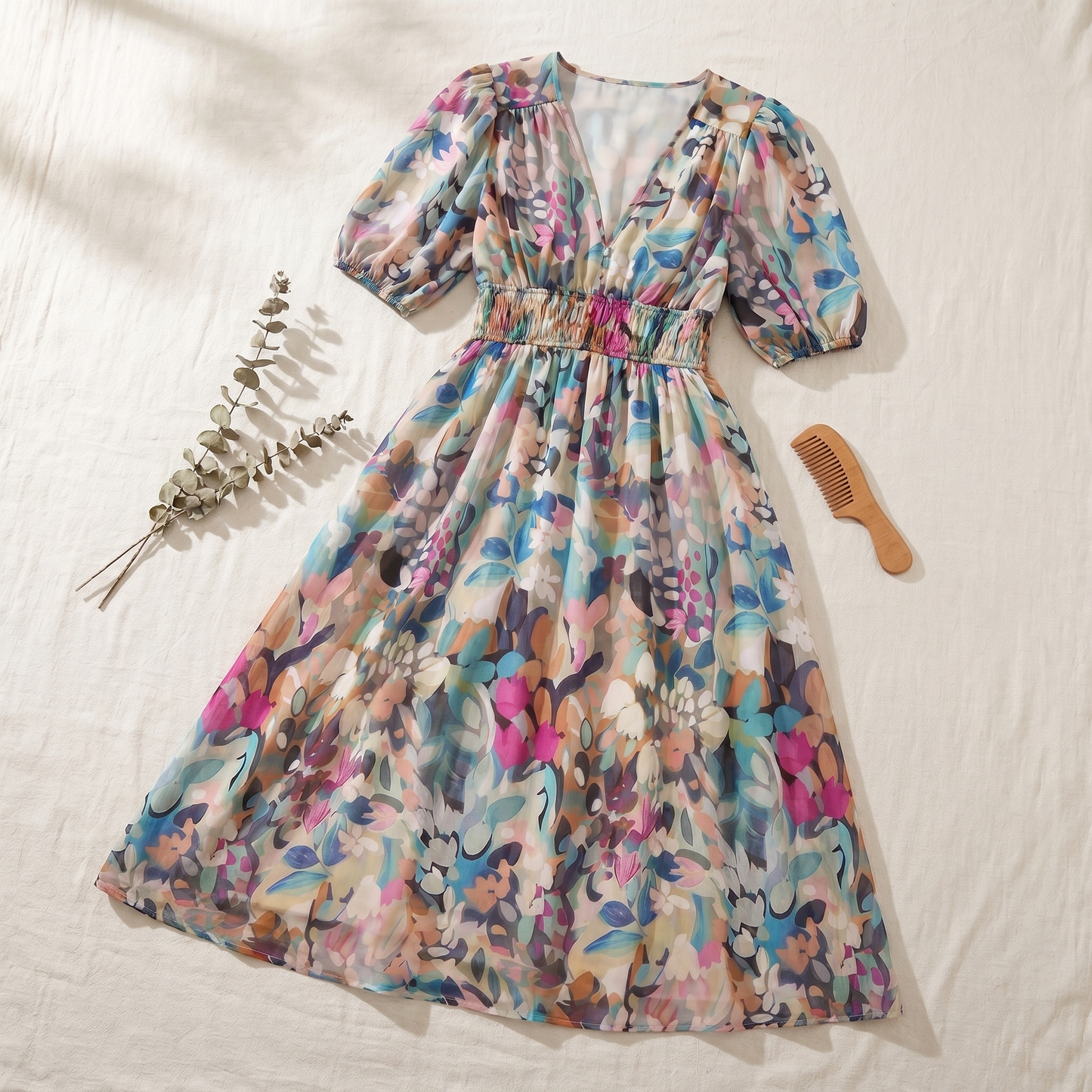 Robe midi à motif floral, légère et confortable pour l'été