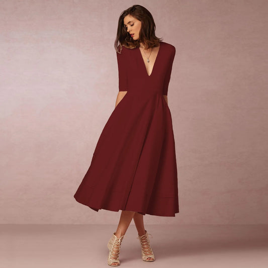 Robe midi évasée à col en V pour femme