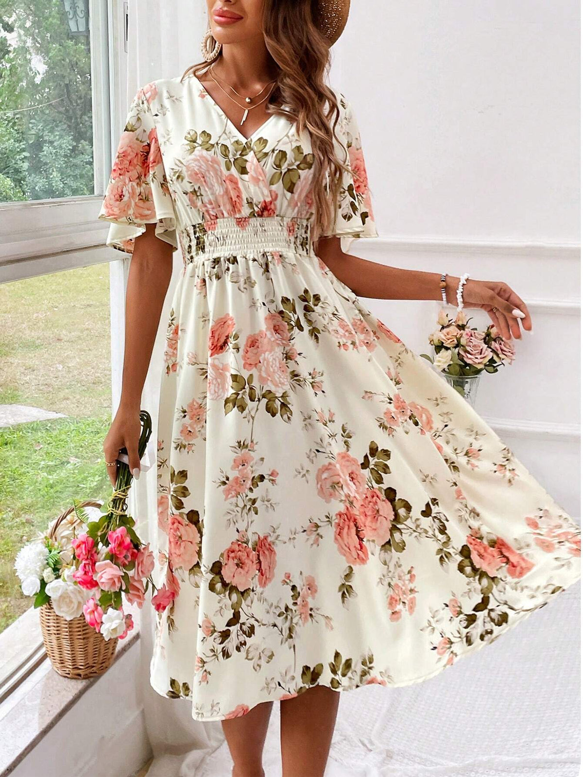 Robe midi évasée à col en V pour femme