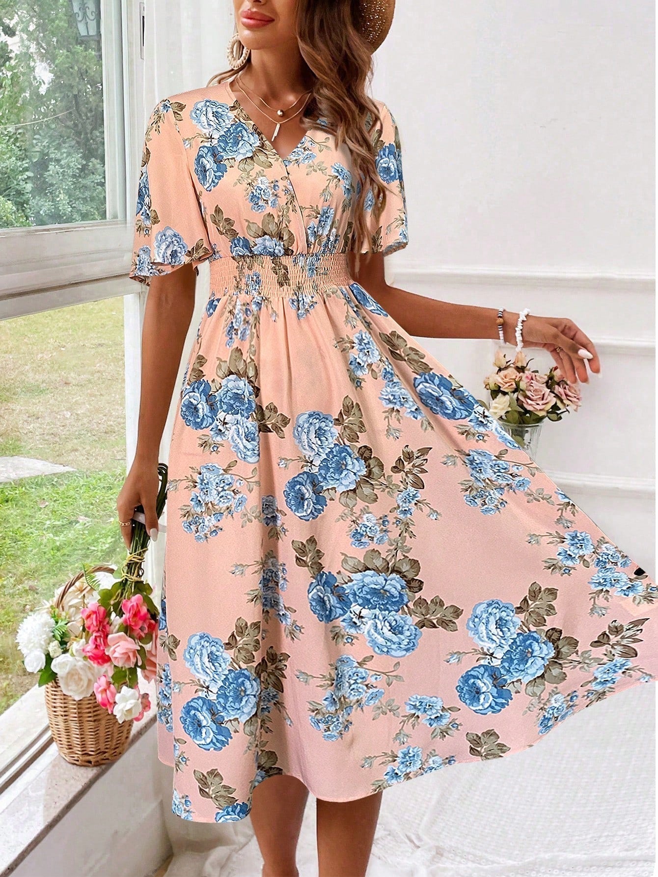 Robe midi évasée à col en V pour femme