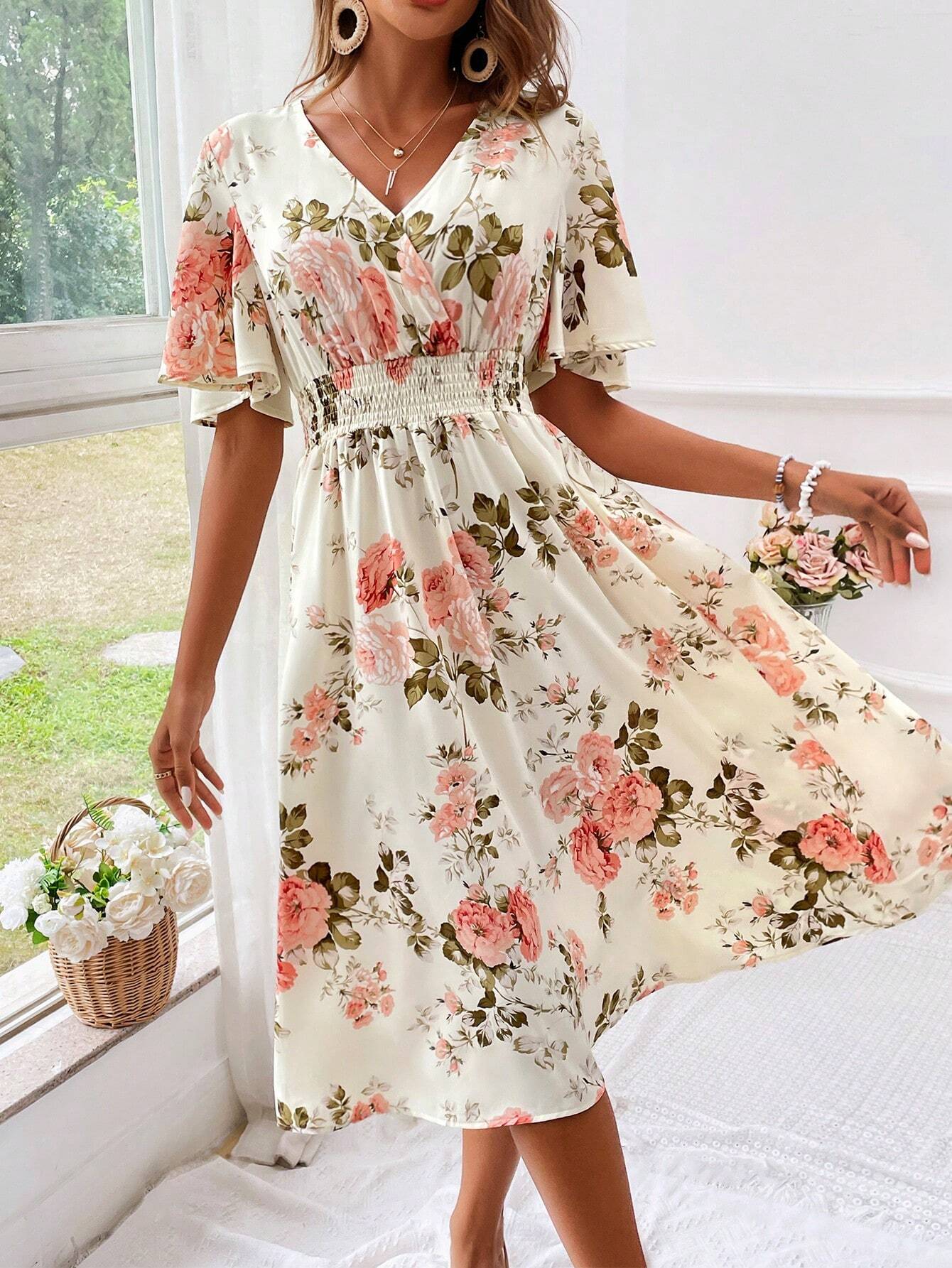 Robe midi évasée à col en V pour femme