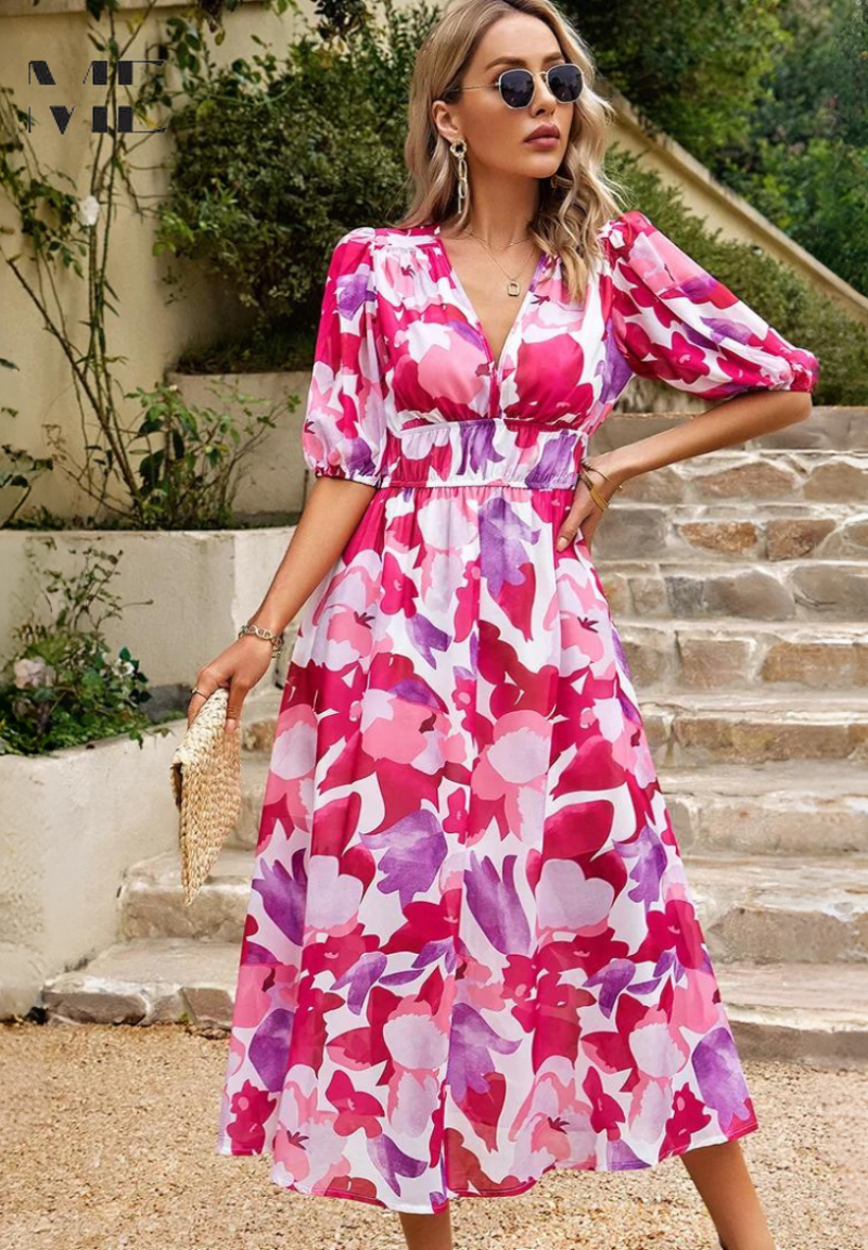 Robe midi fleurie en coupe évasée avec col en V pour femme