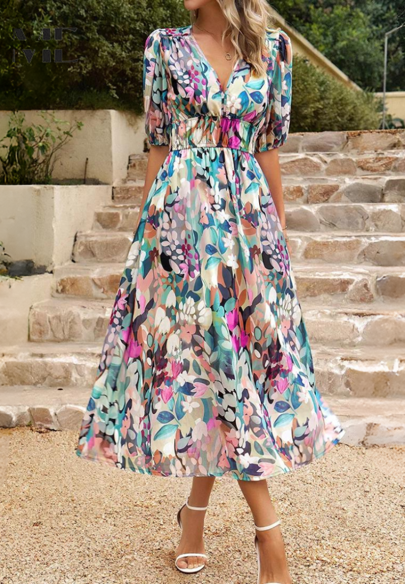 Robe midi fleurie en coupe évasée avec col en V pour femme