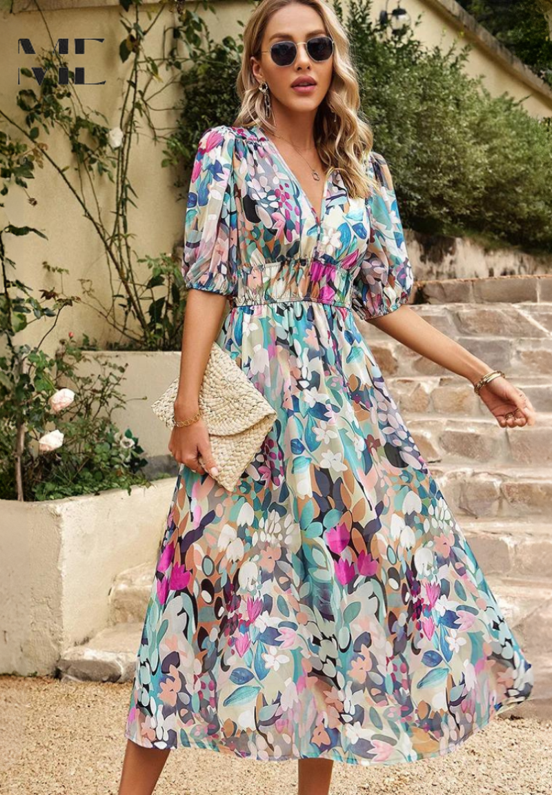 Robe midi fleurie en coupe évasée avec col en V pour femme