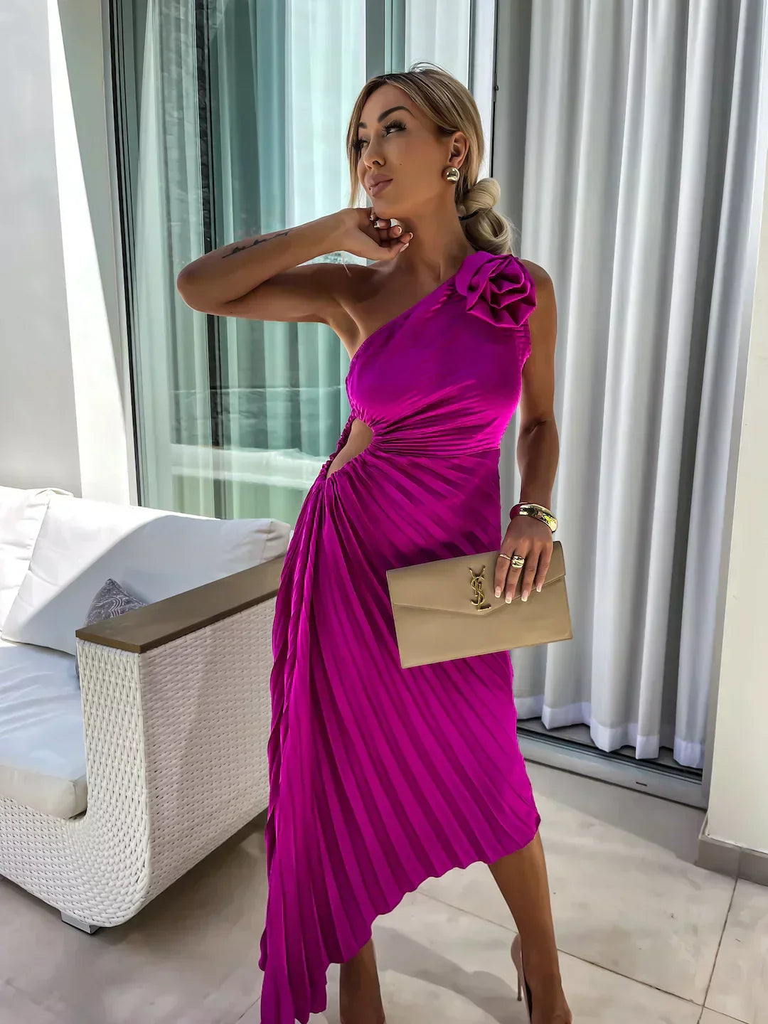 Robe midi plissée asymétrique pour femme