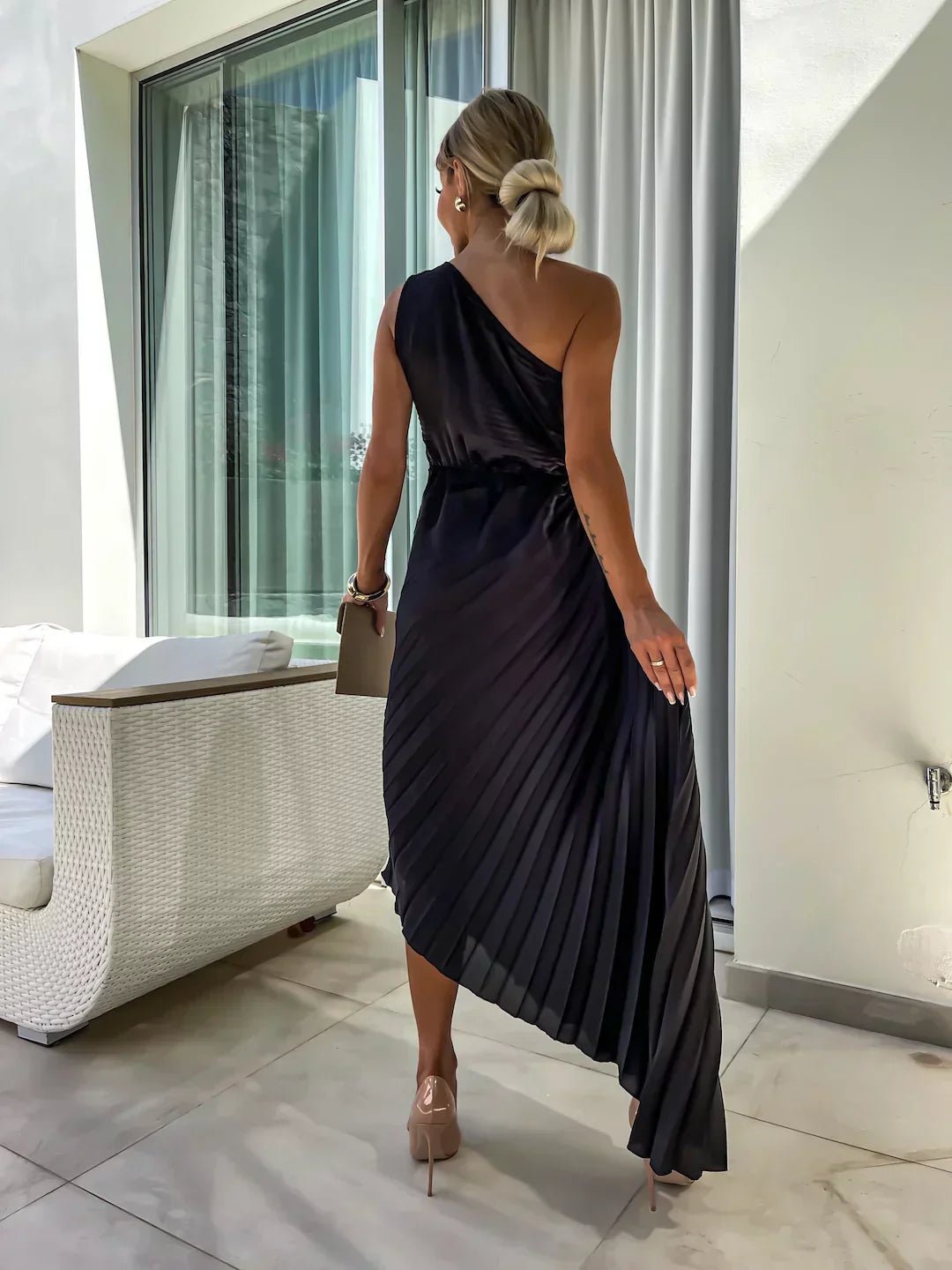 Robe midi plissée asymétrique pour femme